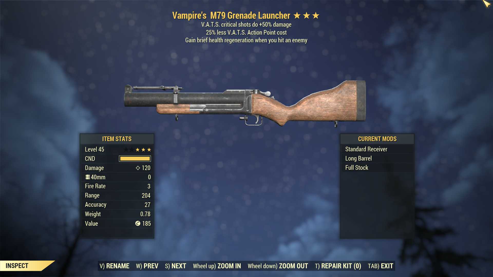Vampire's M79 Grenade Launcher (+50% critical damage, 25% less VATS AP cost)