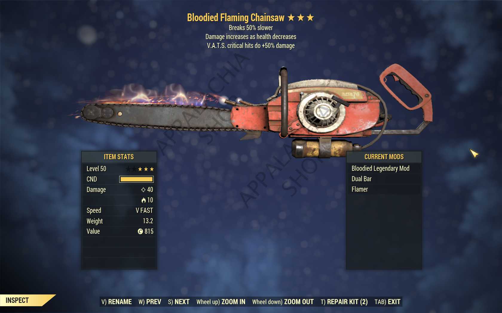 Bloodied Chainsaw (+50% critical damage, Breaks 50% slower)