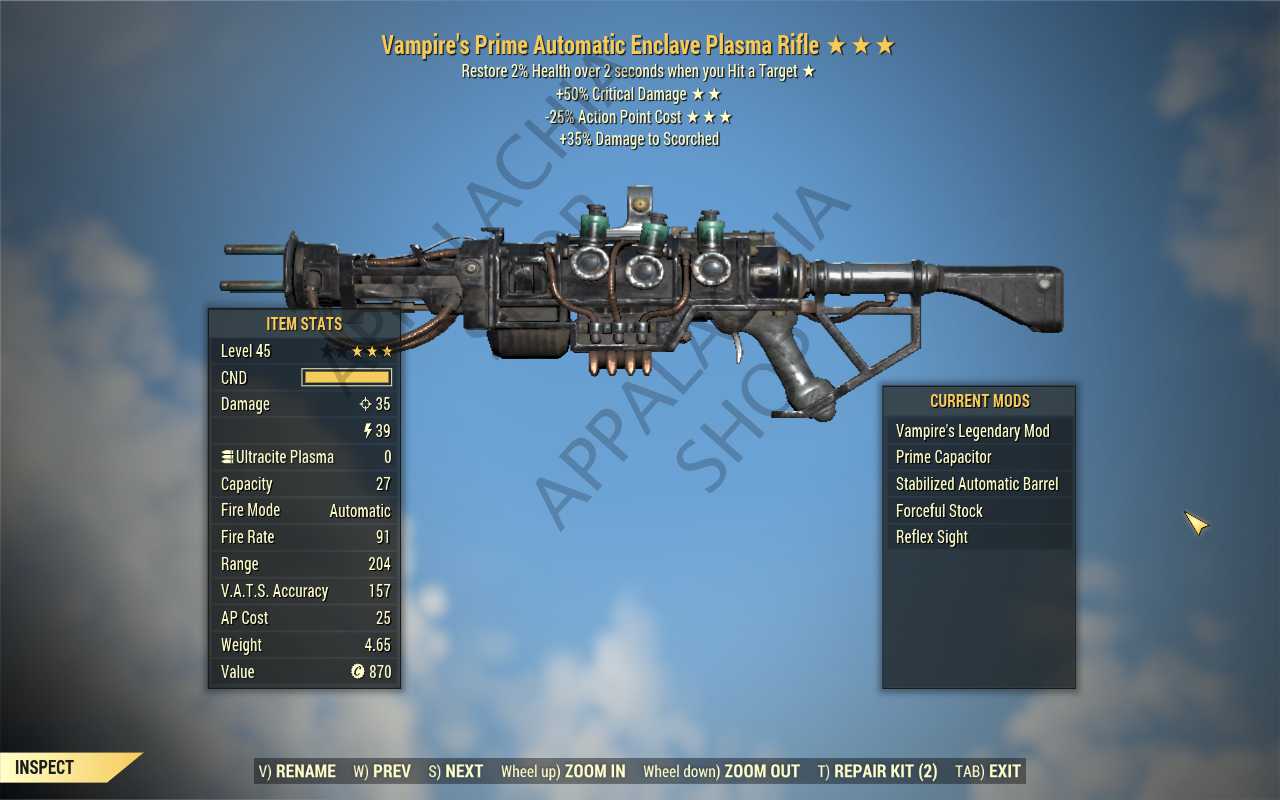 Vampire's Enclave Plasma rifle (+50% critical damage, 25% less VATS AP cost)