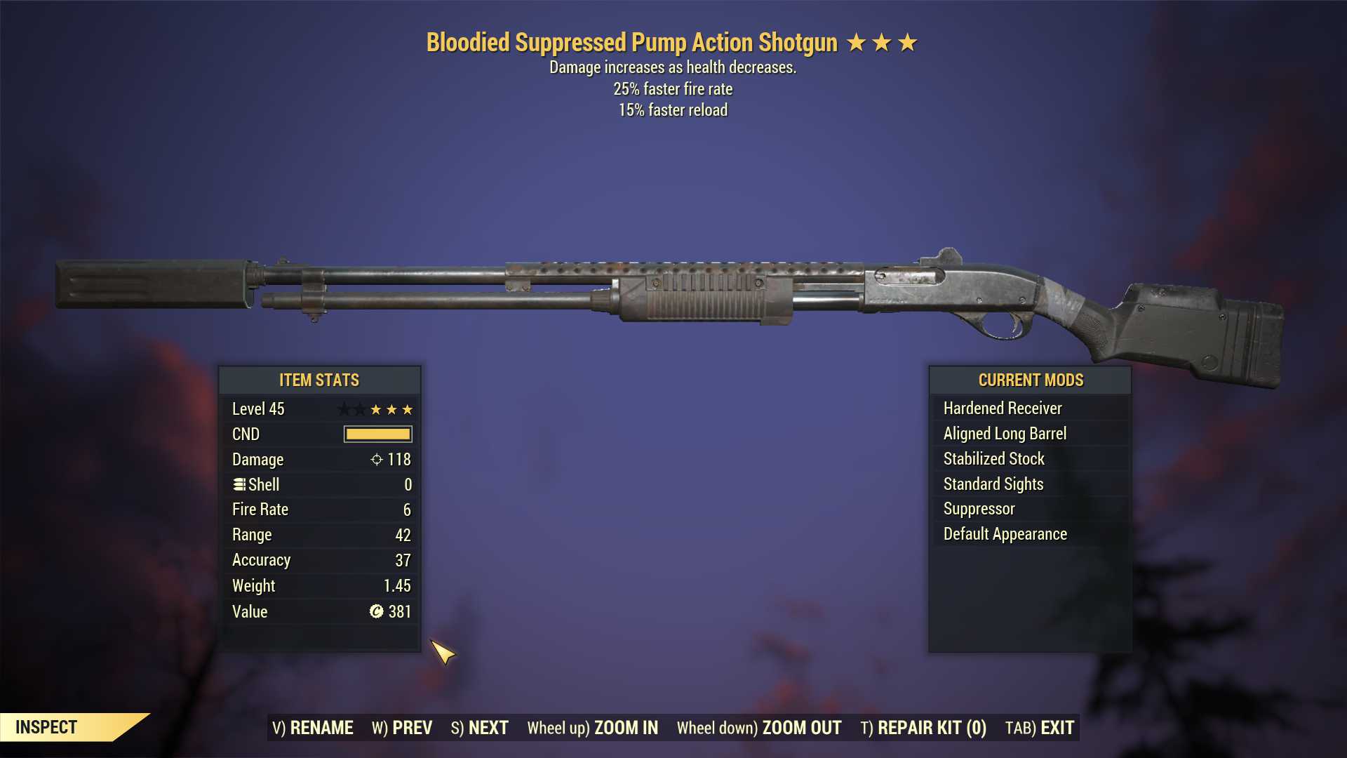 Bloodied Pump Action Shotgun (25% faster fire rate, 15% faster reload)