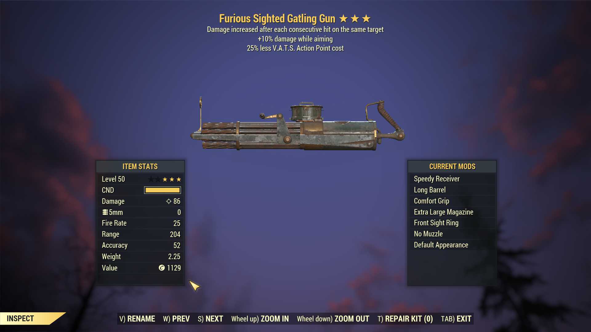 Furious Gatling Gun (+25% damage WA, 25% less VATS AP cost)
