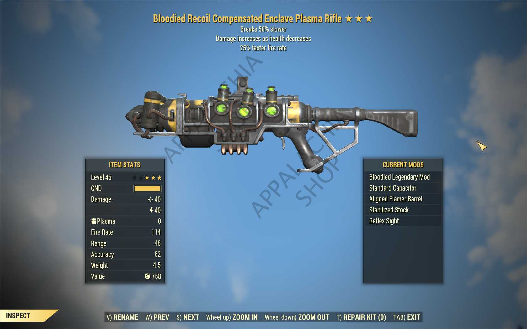 Bloodied Enclave Plasma rifle (25% faster fire rate, Breaks 50% slower)