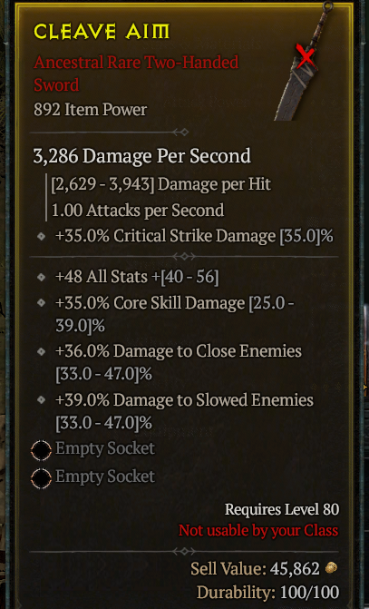 892 Two-Handed Sword +48 All Stats/35% Core/36% Close/39% Slowed