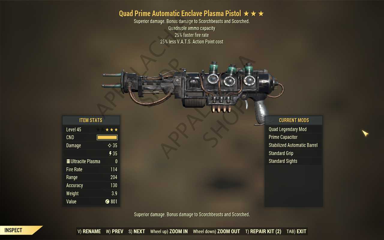Quad Enclave Plasma rifle (25% faster fire rate, 25% less VATS AP cost)