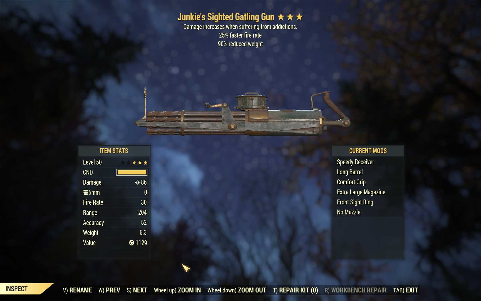 Junkie's Gatling Gun (25% faster fire rate, 90% reduced weight)