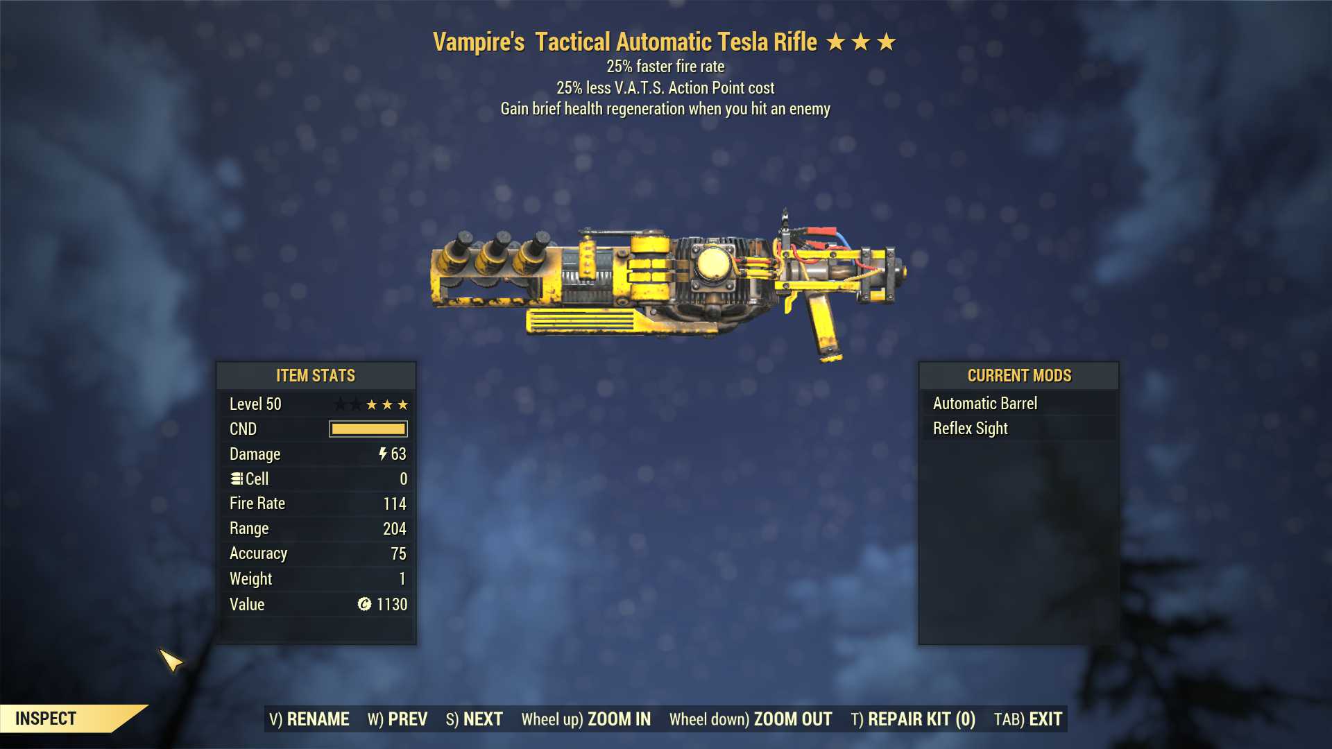 Vampire's Tesla rifle (25% faster fire rate, 25% less VATS AP cost)
