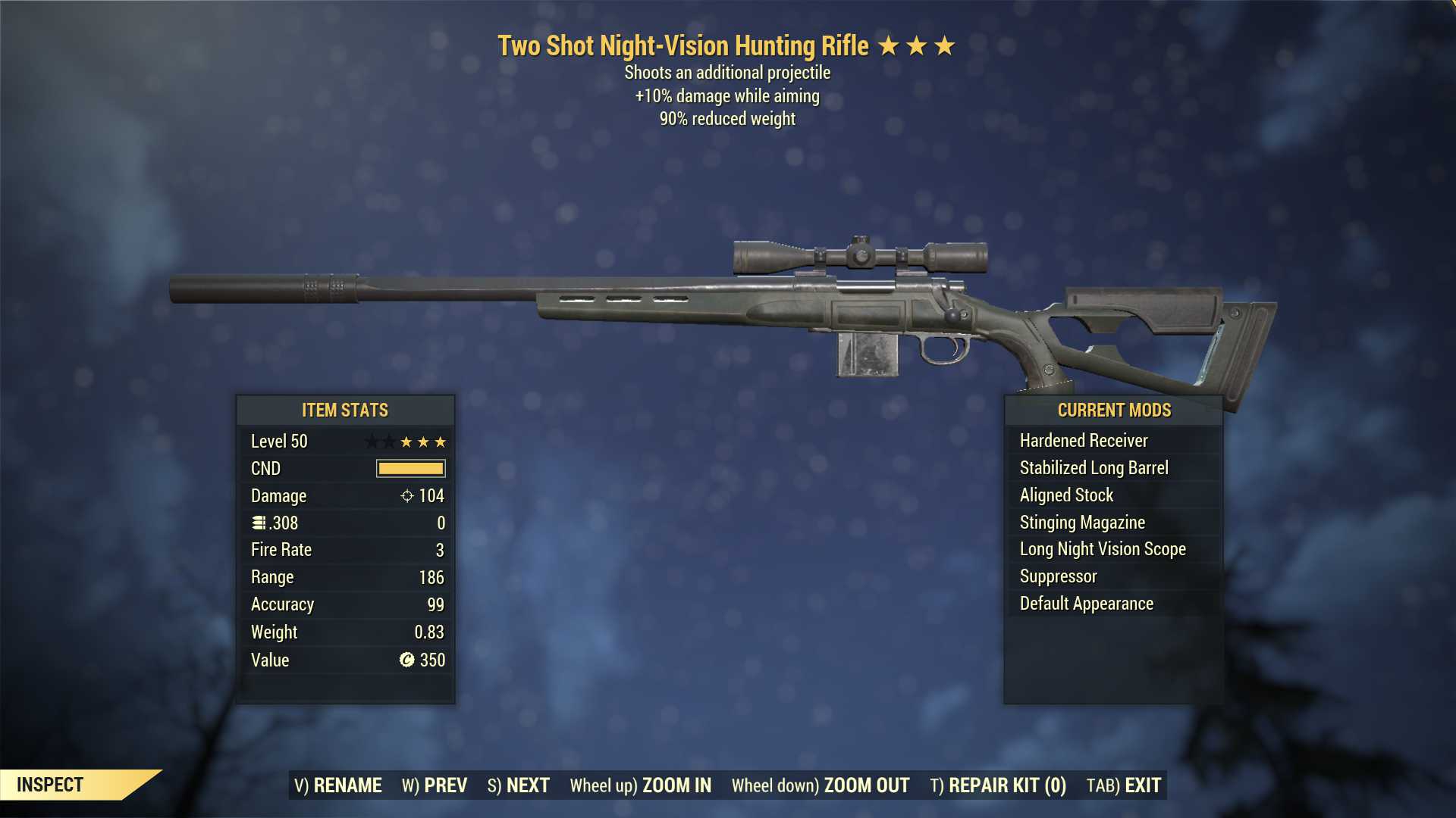 Two Shot Hunting Rifle (+25% damage WA, 90% reduced weight)