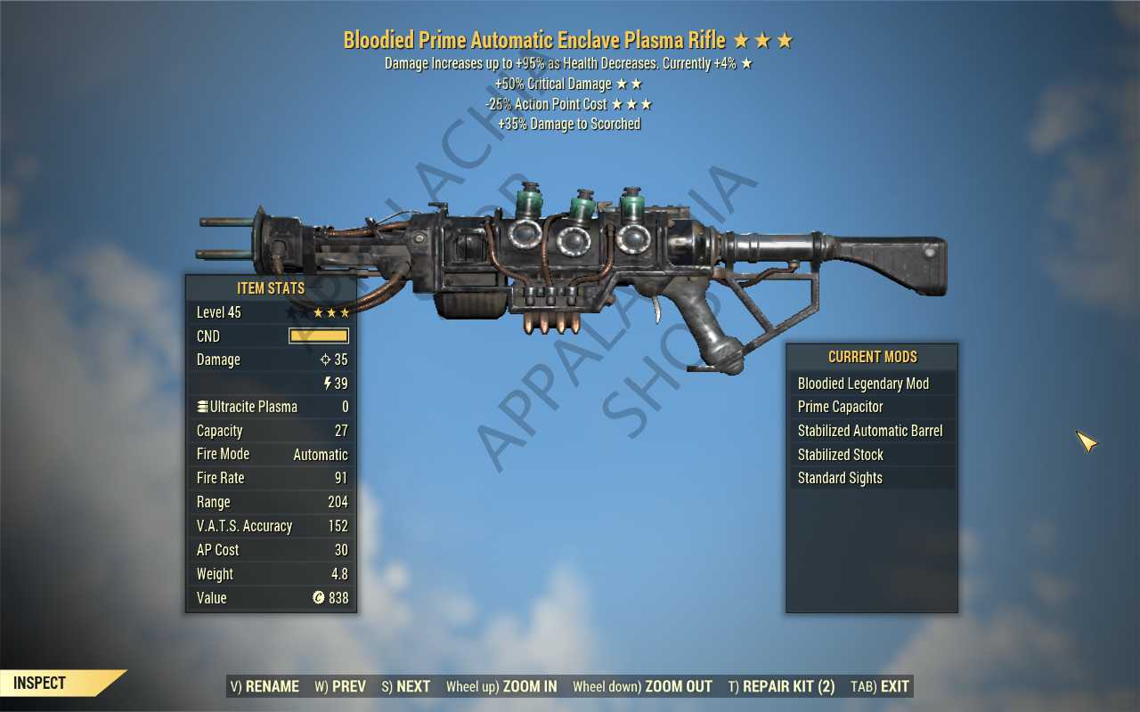 Bloodied Enclave Plasma rifle (+50% critical damage, 25% less VATS AP cost)