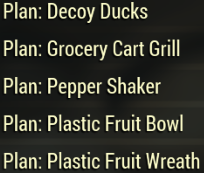 Plan: Decoy Ducks / Grocery Cart Grill / Pepper Shaker / Plastic Fruit Bowl / Plastic Fruit Wreath