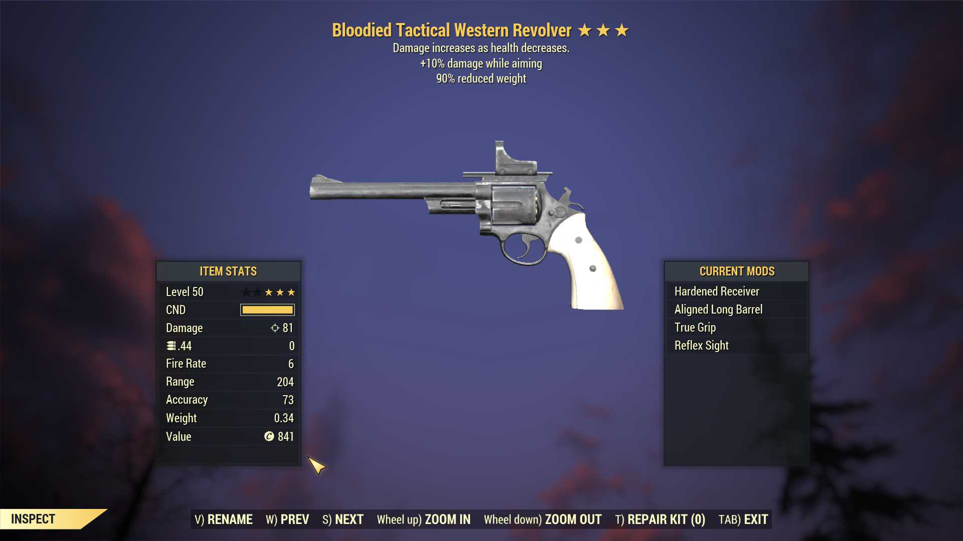 Bloodied Western Revolver (+25% damage WA, 90% reduced weight)