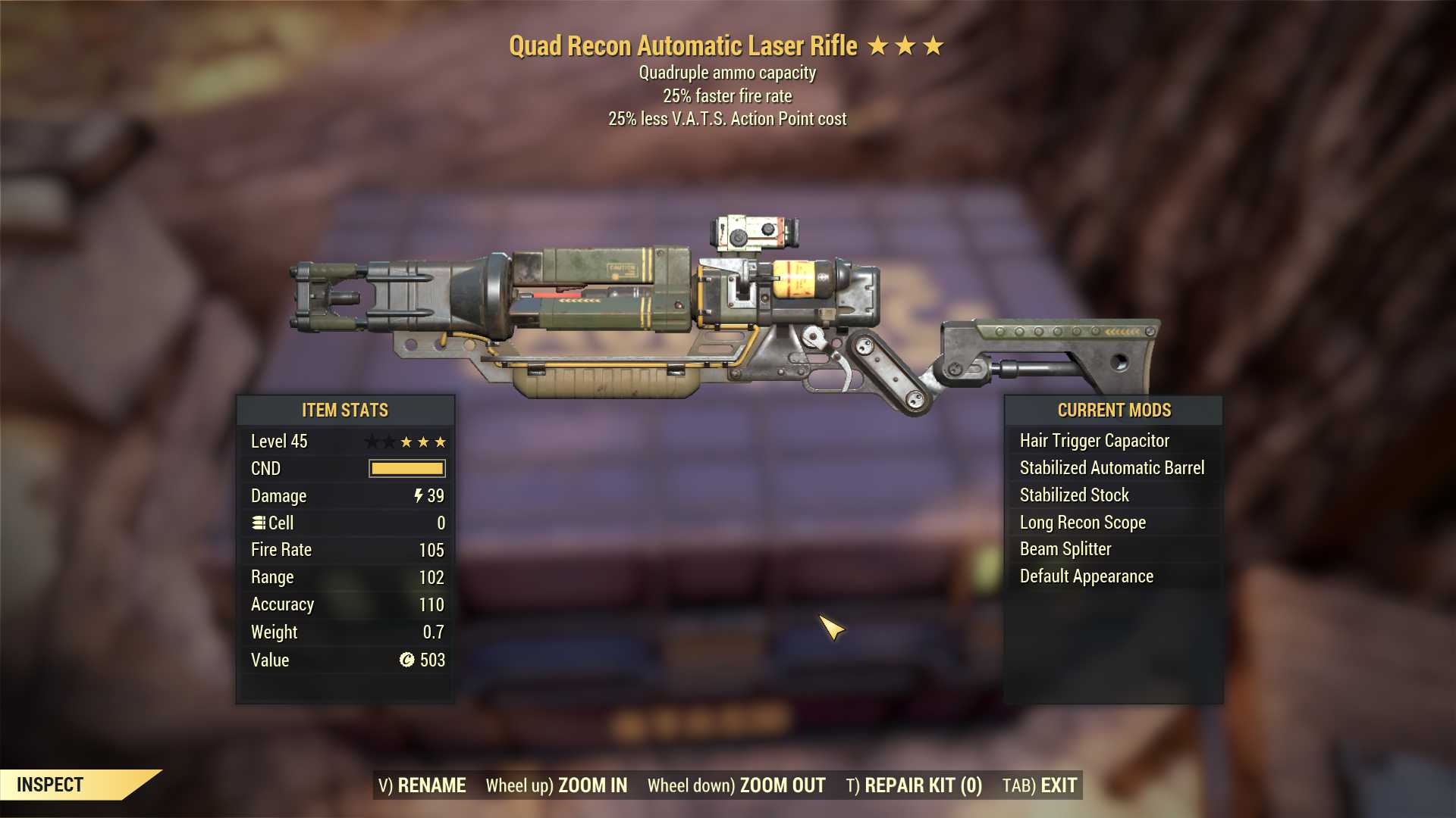 Quad Laser rifle (25% faster fire rate, 25% less VATS AP cost)