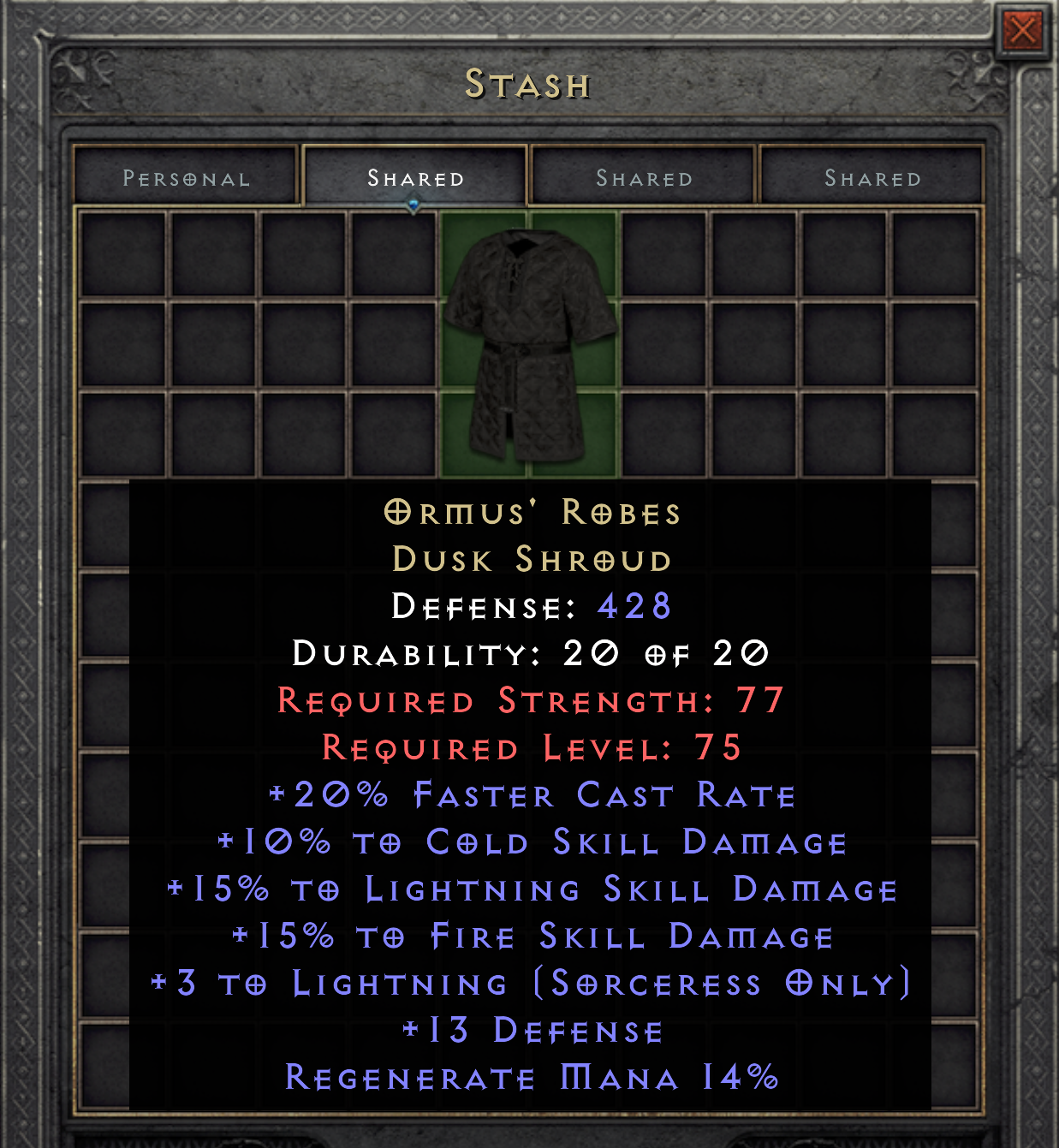 Ormus Robe 15% to LS +3 Lightning - D2R Softcore PC
