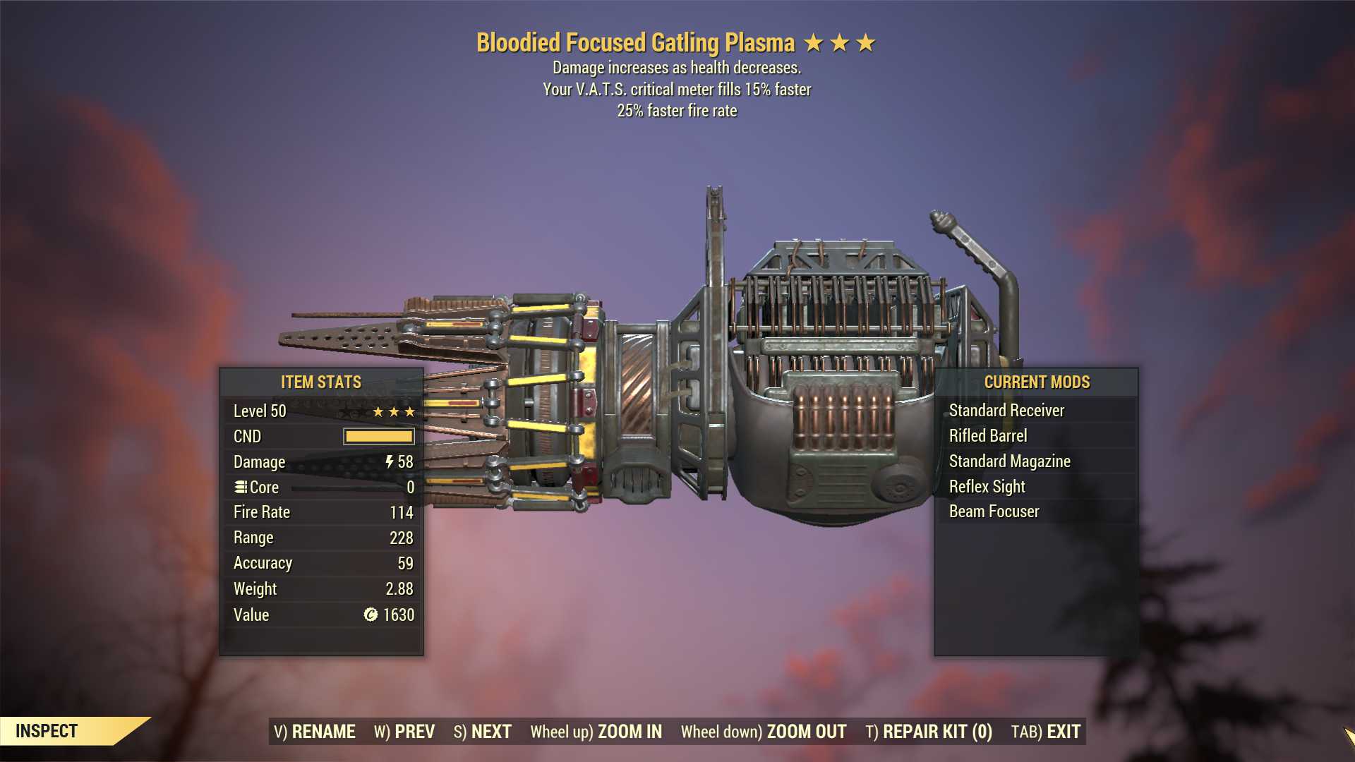 Bloodied Gatling Plasma (25% faster fire rate, VATS crit fills 15% faster)