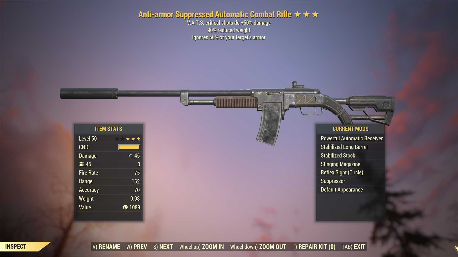 Anti-Armor Combat Rifle (+50% critical damage, 90% reduced weight)