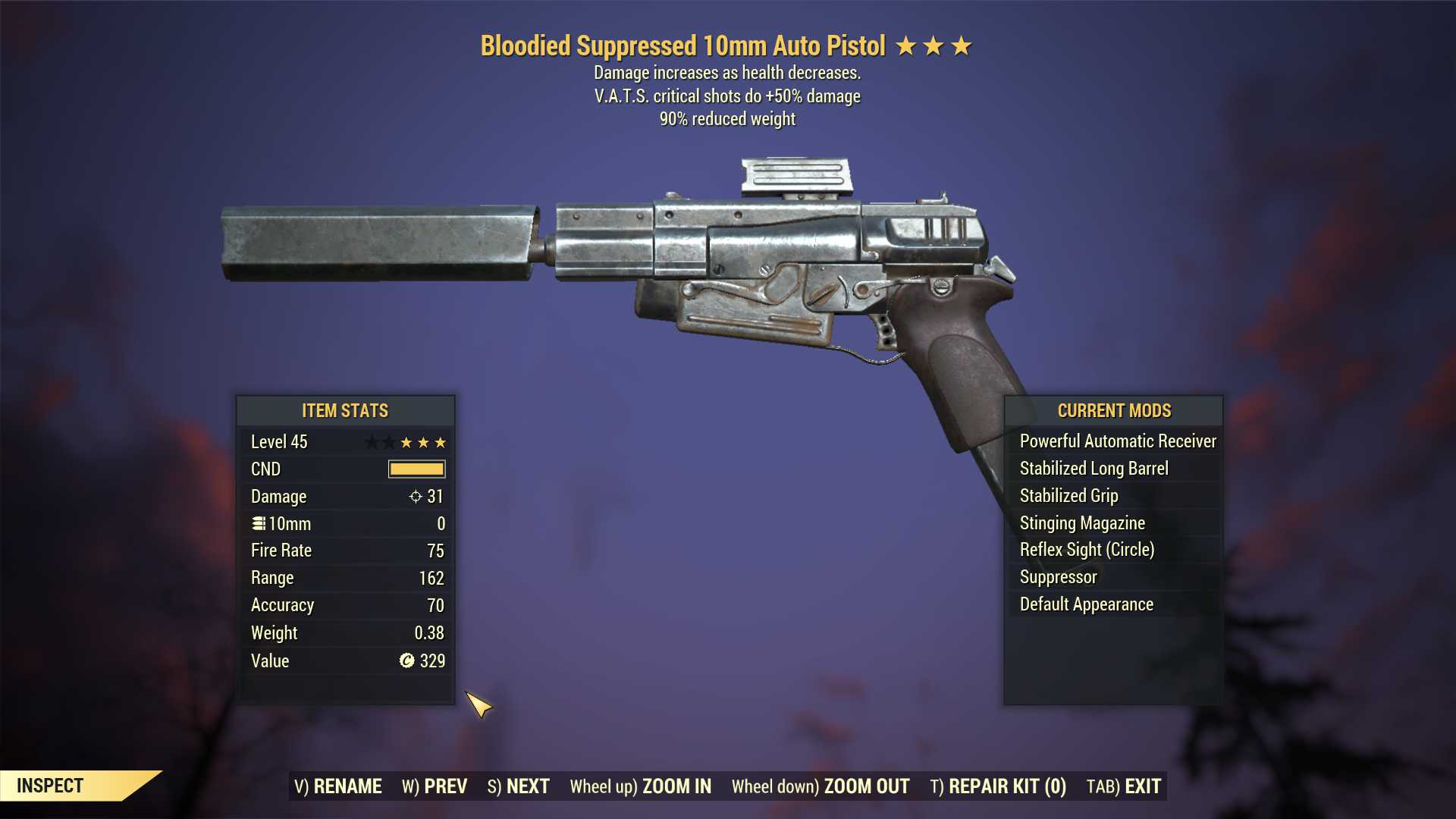 Bloodied 10mm Pistol (+50% critical damage, 90% reduced weight)