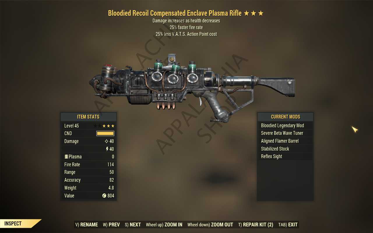 Bloodied Enclave Plasma rifle (25% faster fire rate, 25% less VATS AP cost)