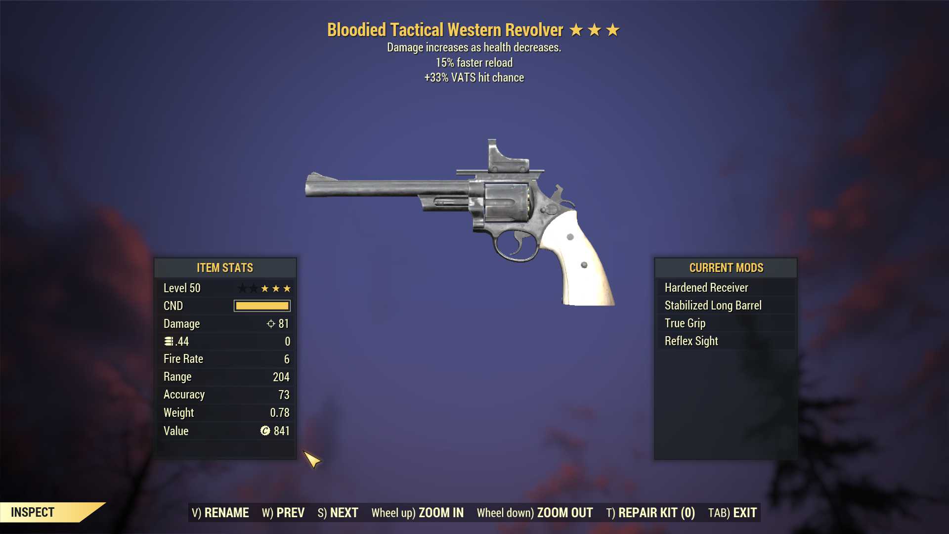 Bloodied Western Revolver (+50% VATS hit chance, 15% faster reload)