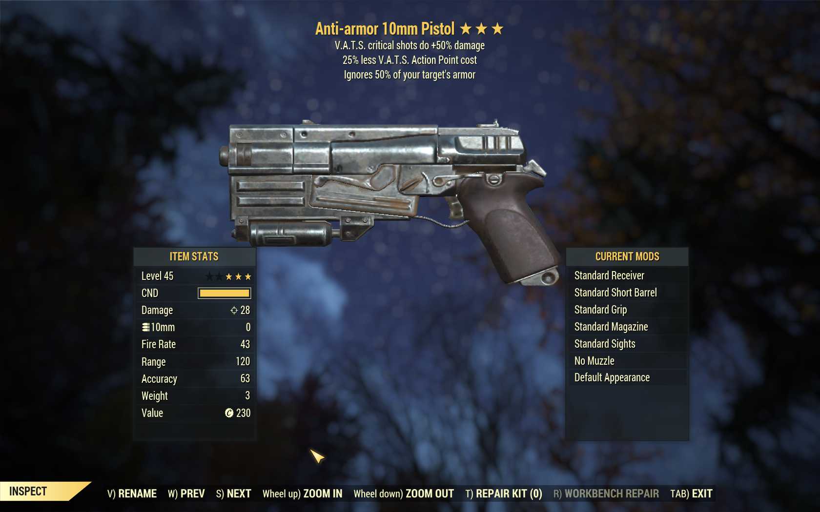 Anti-Armor 10mm pistol (+50% critical damage, 25% less VATS AP cost)