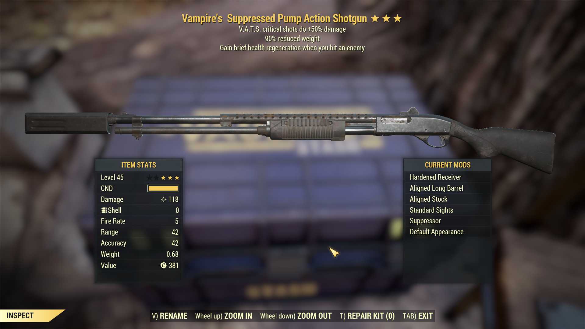 Vampire's Pump Action Shotgun (+50% critical damage, 90% reduced weight)