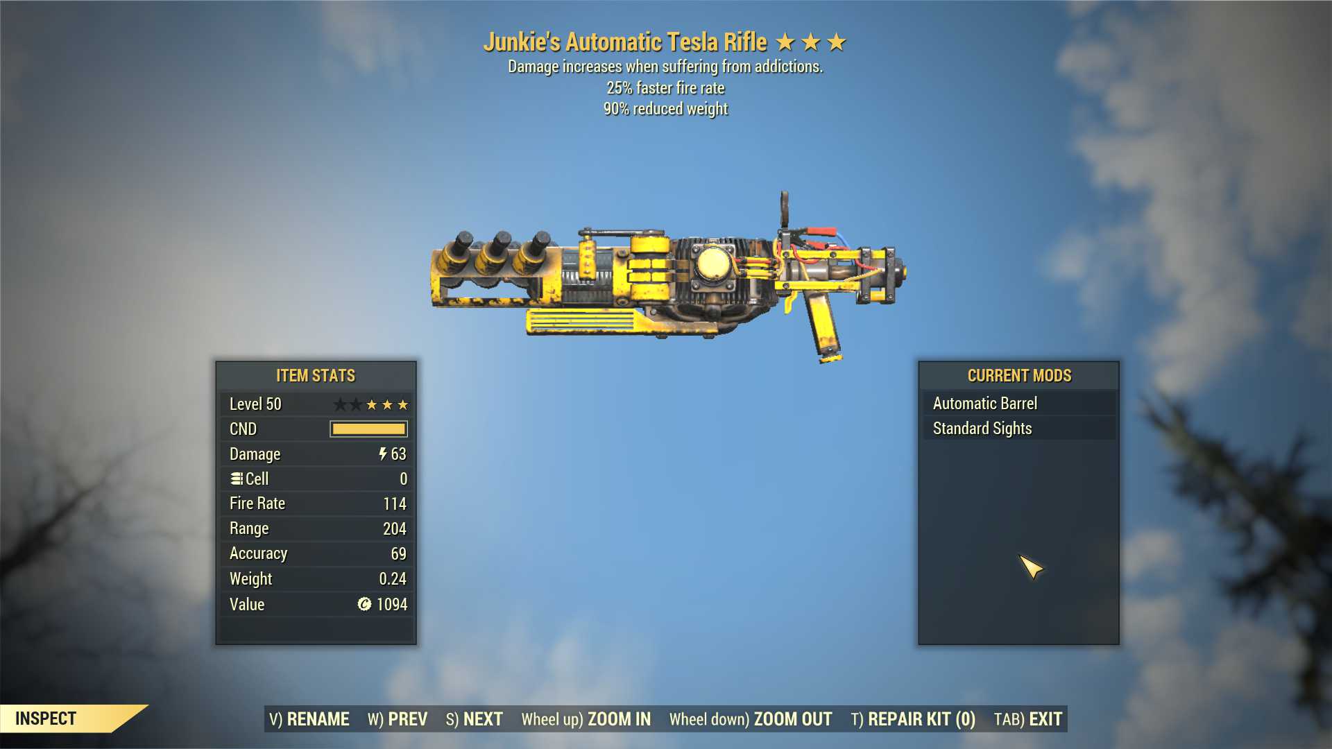 Junkie's Tesla rifle (25% faster fire rate, 90% reduced weight)