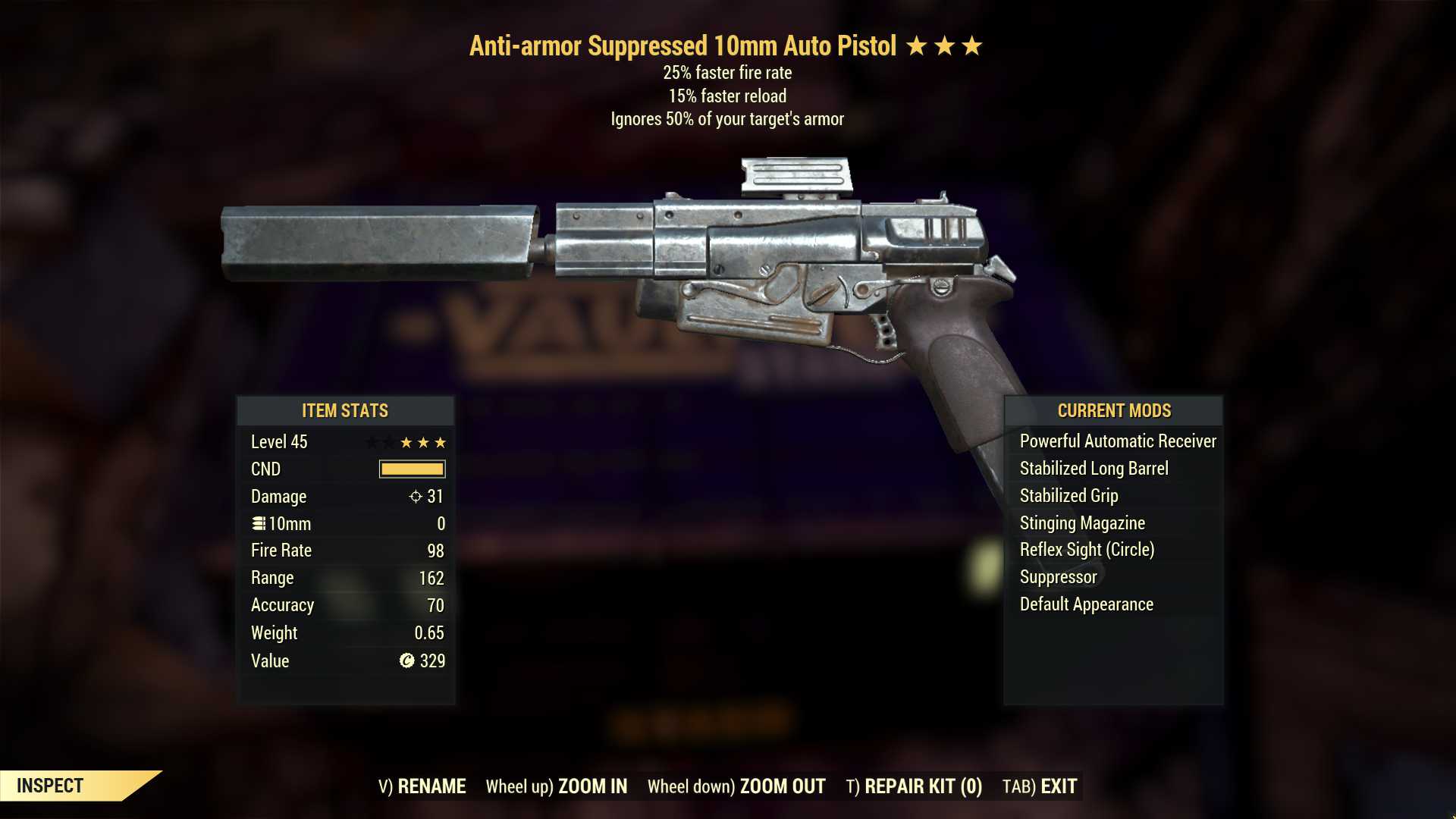 Anti-Armor 10mm pistol (25% faster fire rate, 15% faster reload)