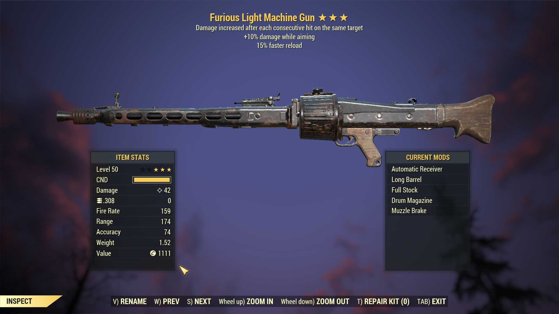Furious Light Machine Gun (LMG) (+25% damage WA, 15% faster reload)
