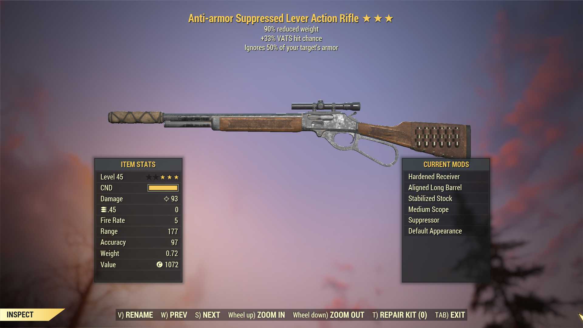 Anti-Armor Lever Action Rifle (+50% VATS hit chance, 90% reduced weight)
