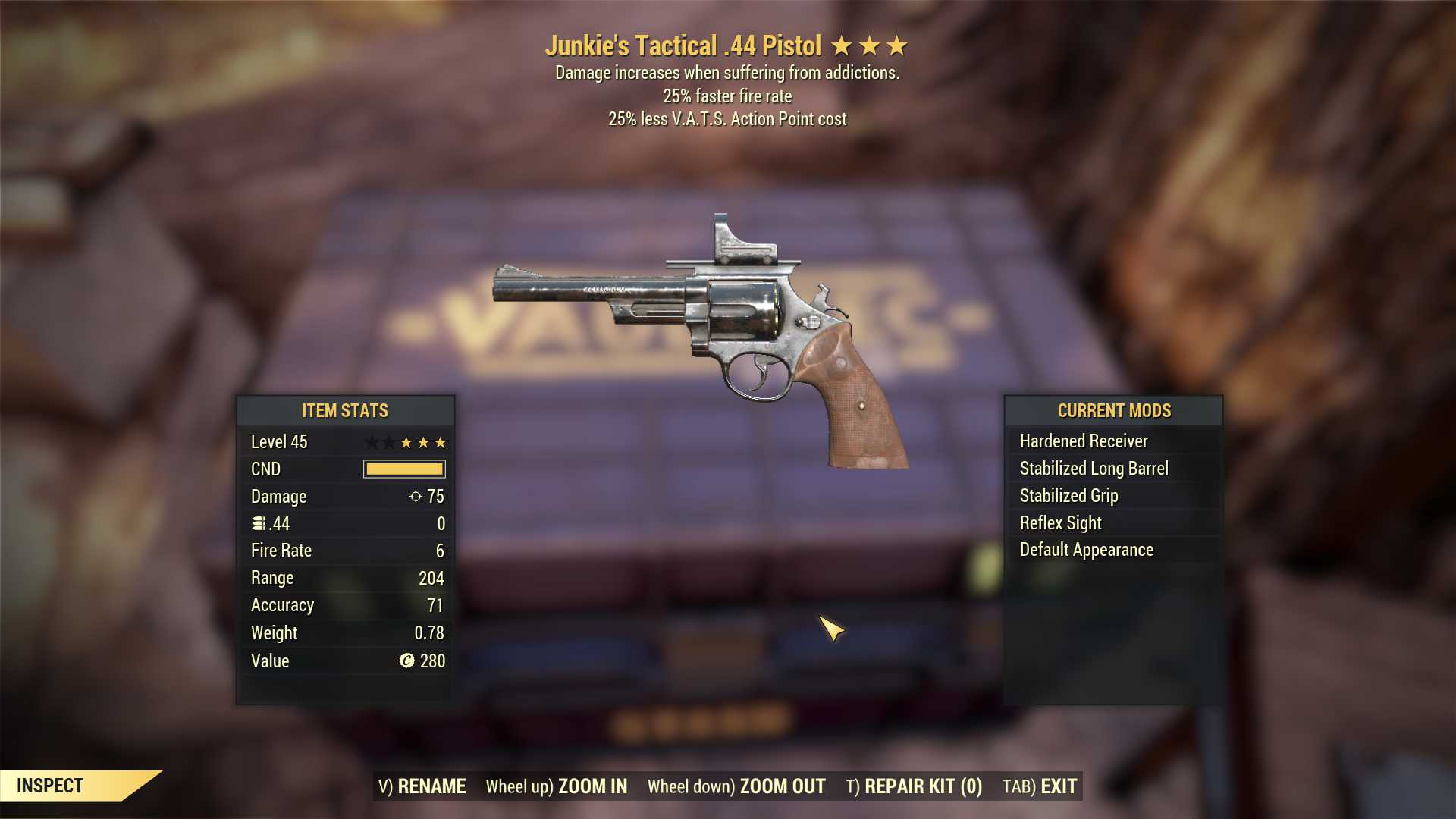 Junkie's .44 Pistol (25% faster fire rate, 25% less VATS AP cost)