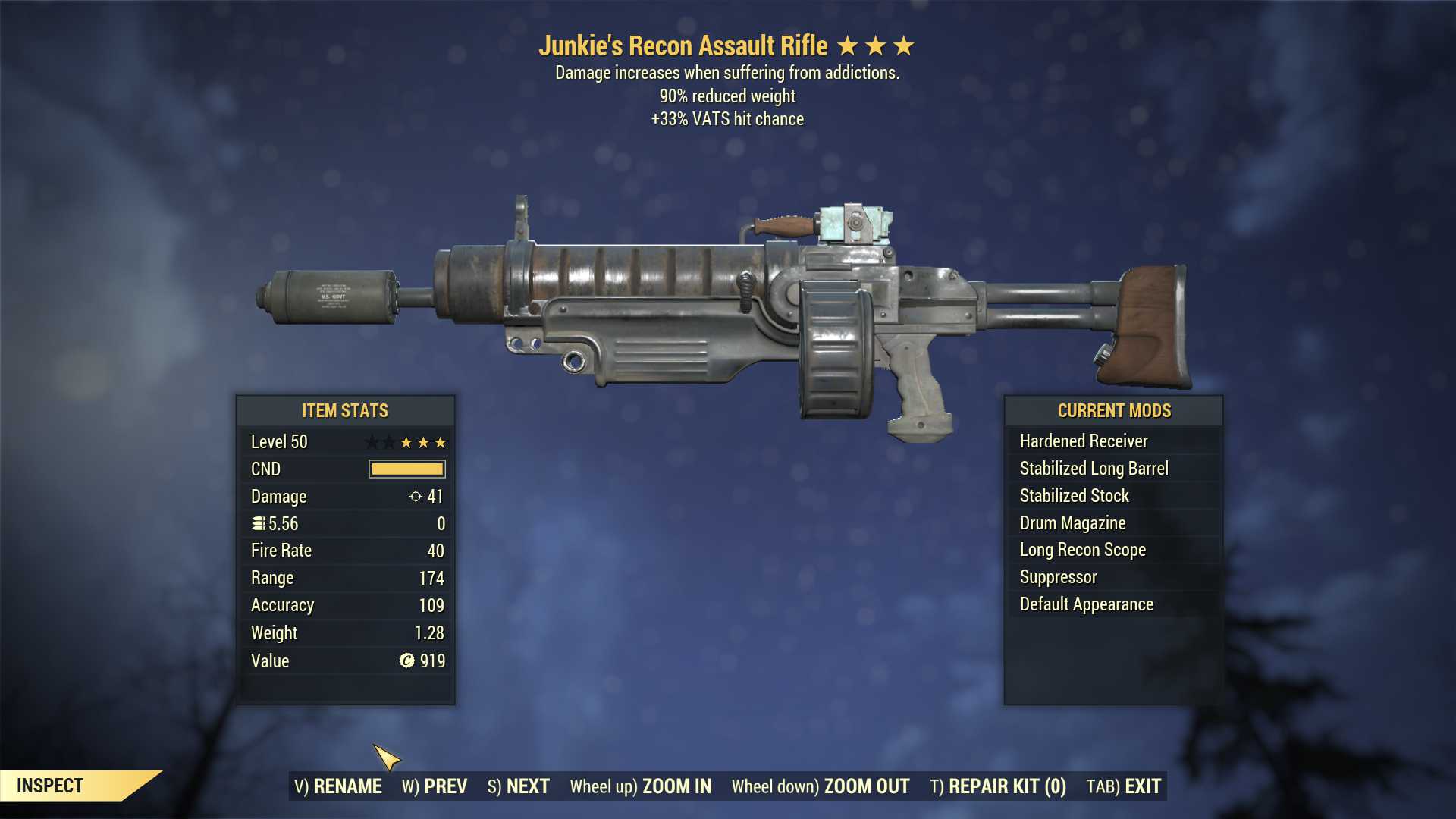Junkie's Assault Rifle (+50% VATS hit chance, 90% reduced weight)