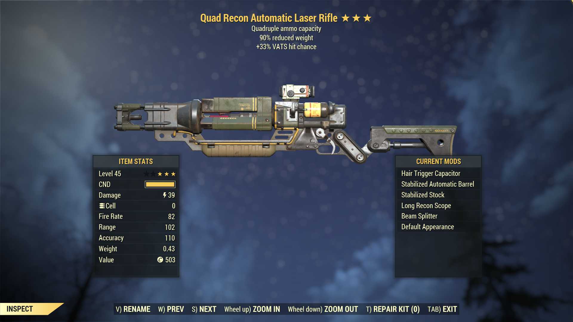 Quad Laser rifle (+50% VATS hit chance, 90% reduced weight)