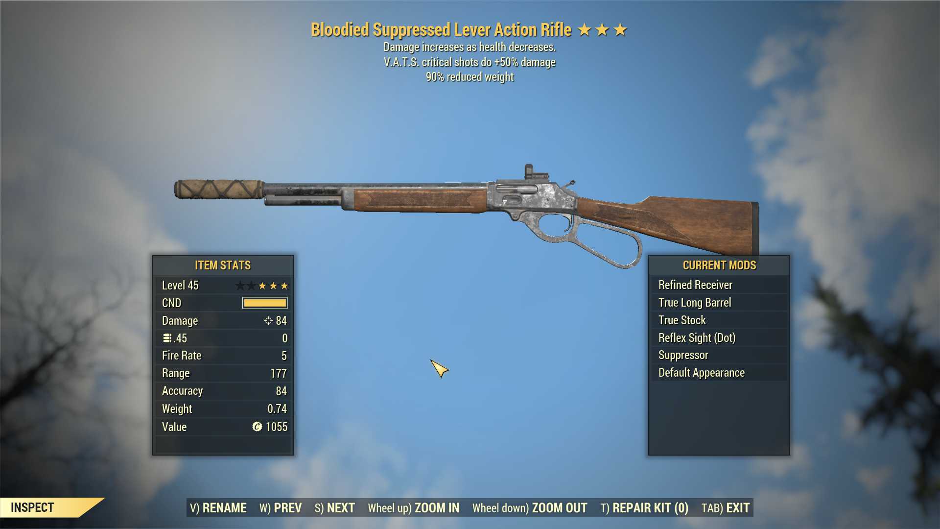 Bloodied Lever Action Rifle (+50% critical damage, 90% reduced weight)