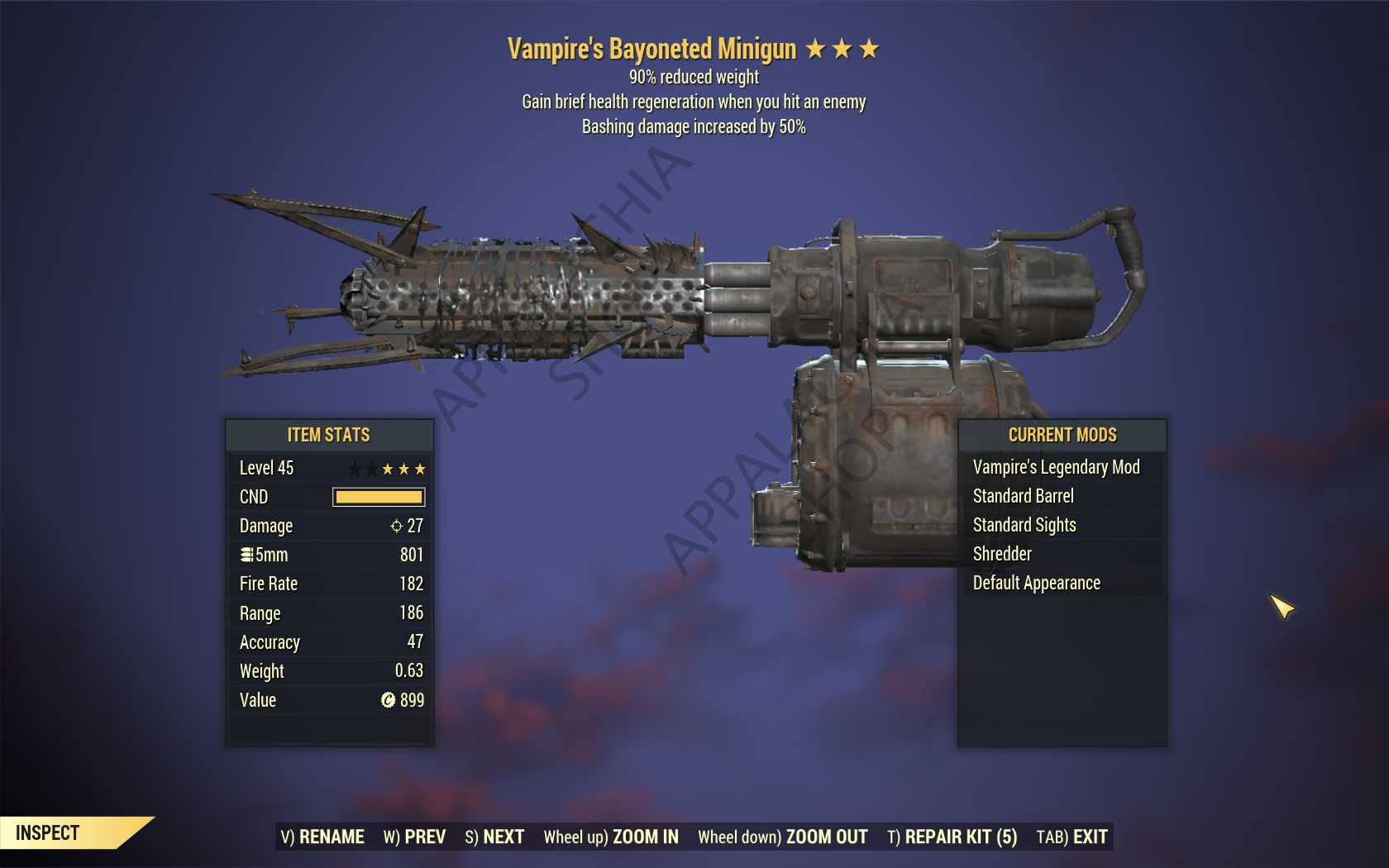 Vampire's Minigun (+50% Bashing damage, 90% reduced weight)