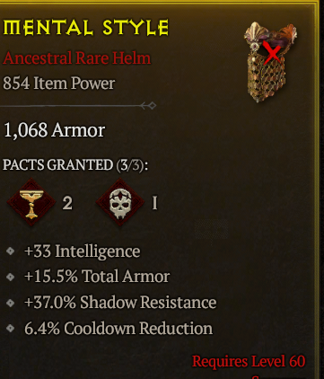 ANCESTRAL SORC HELM 854 POWER LVL 80 INT TOTAL ARMOR COOLDOWN REDUCTION SHADOW RESISTANCE