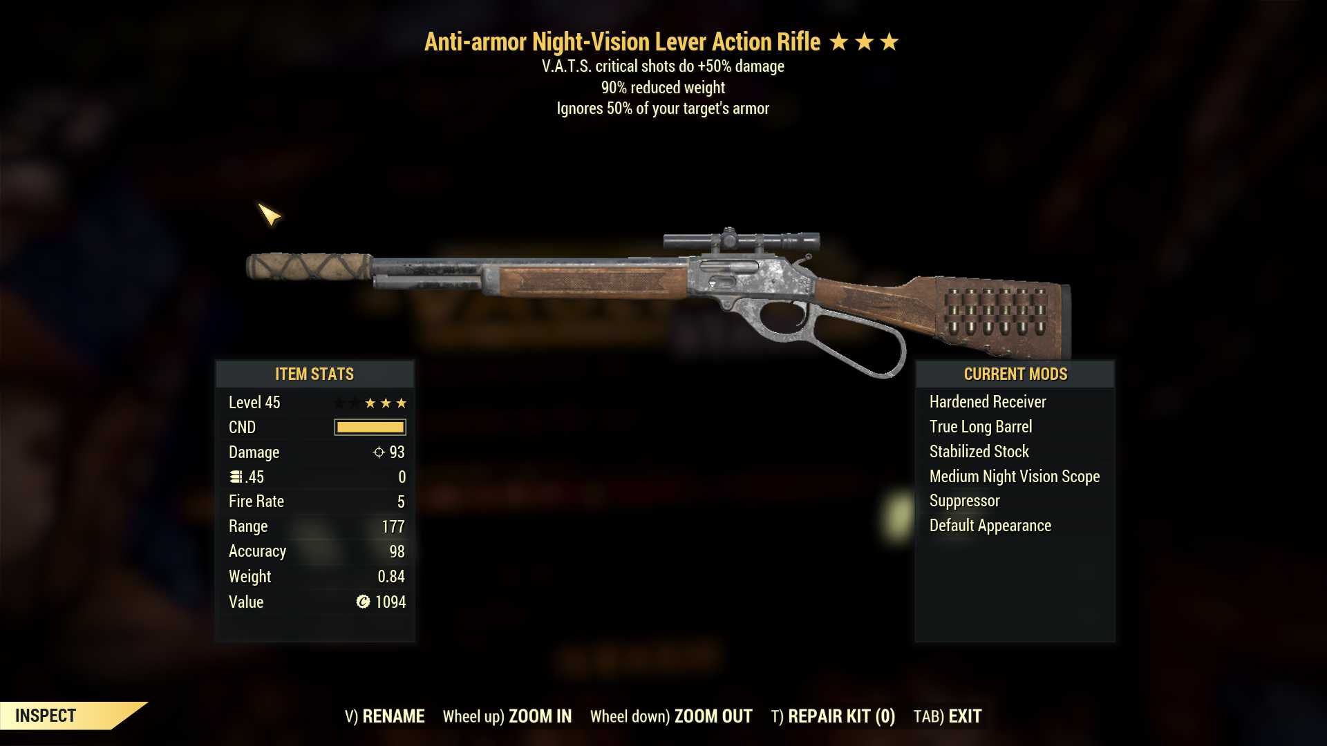 Anti-Armor Lever Action Rifle (+50% critical damage, 90% reduced weight)