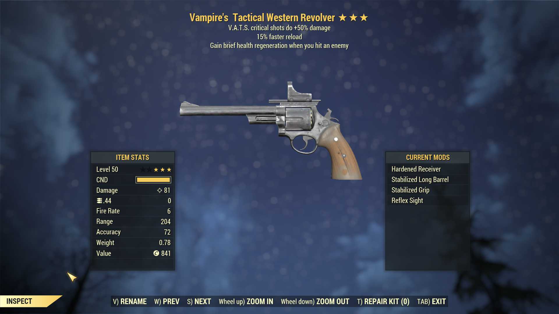 Vampire's Western Revolver (+50% critical damage, 15% faster reload)