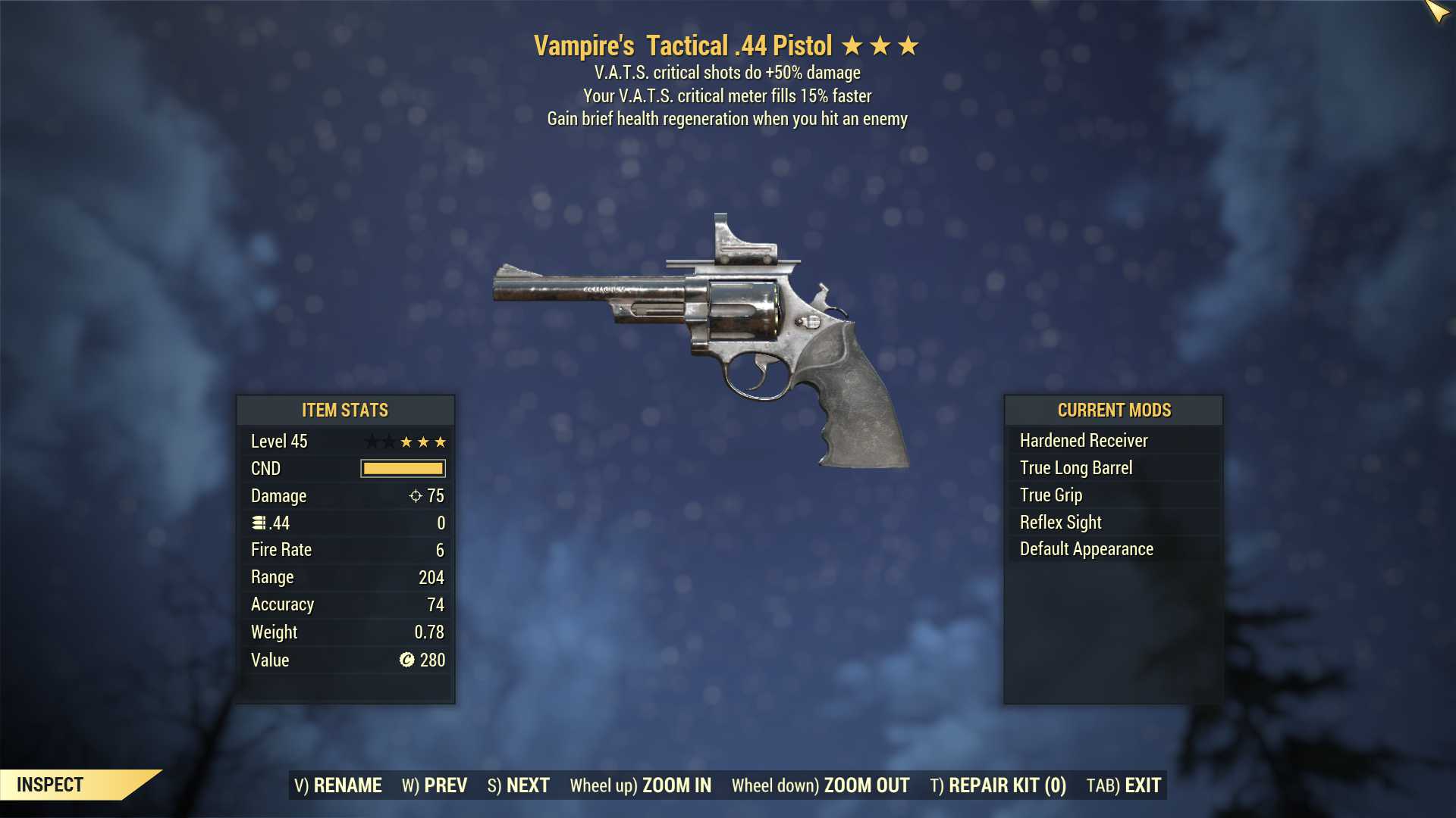 Vampire's .44 Pistol (+50% critical damage, VATS crit fills 15% faster)