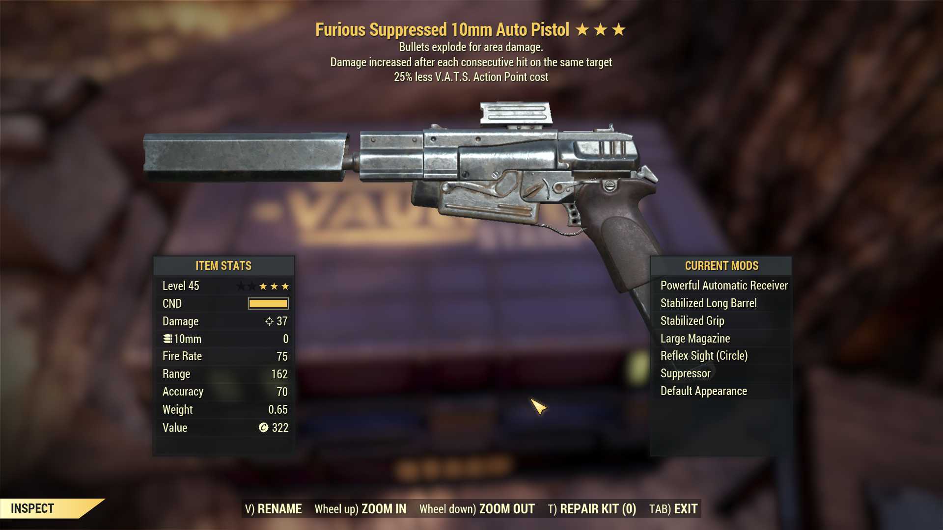 Furious Explosive 10mm pistol (25% less VATS AP cost)