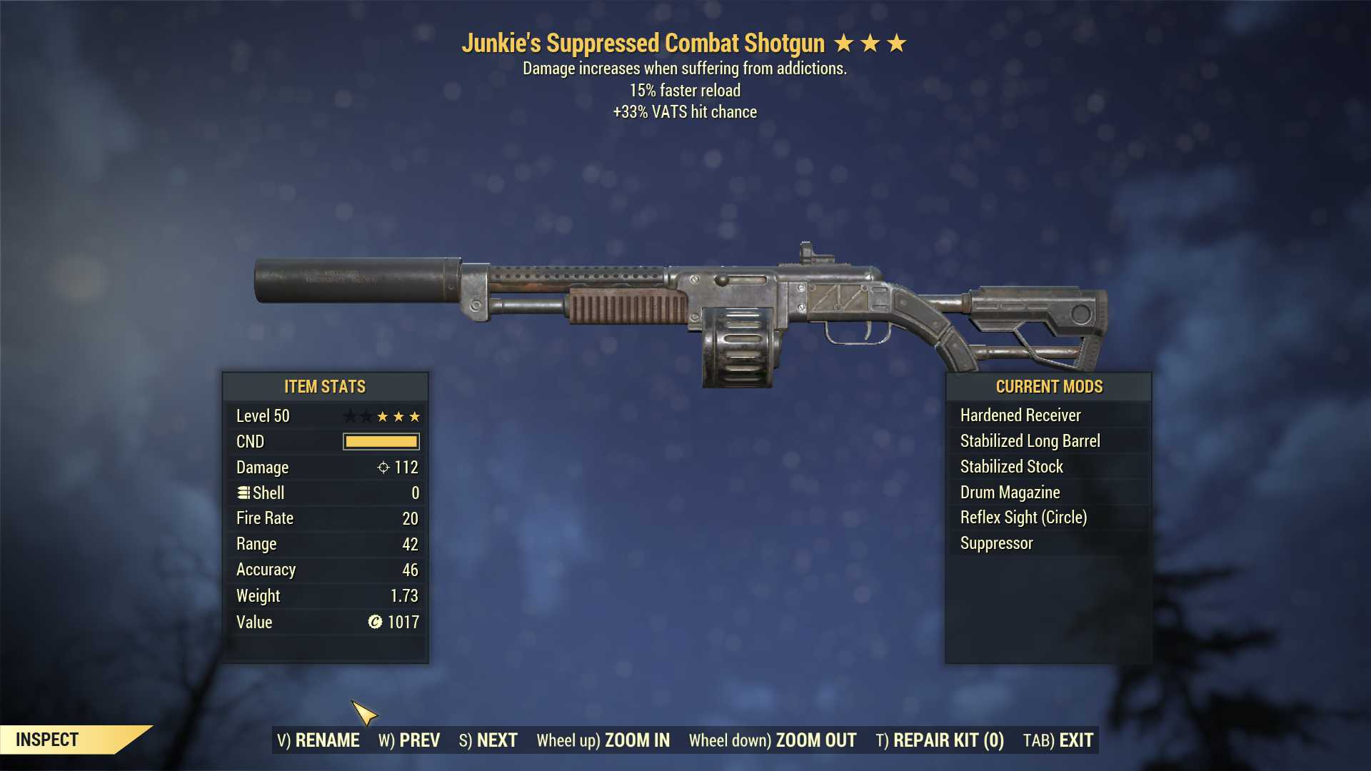 Junkie's Combat Shotgun (+50% VATS hit chance, 15% faster reload)