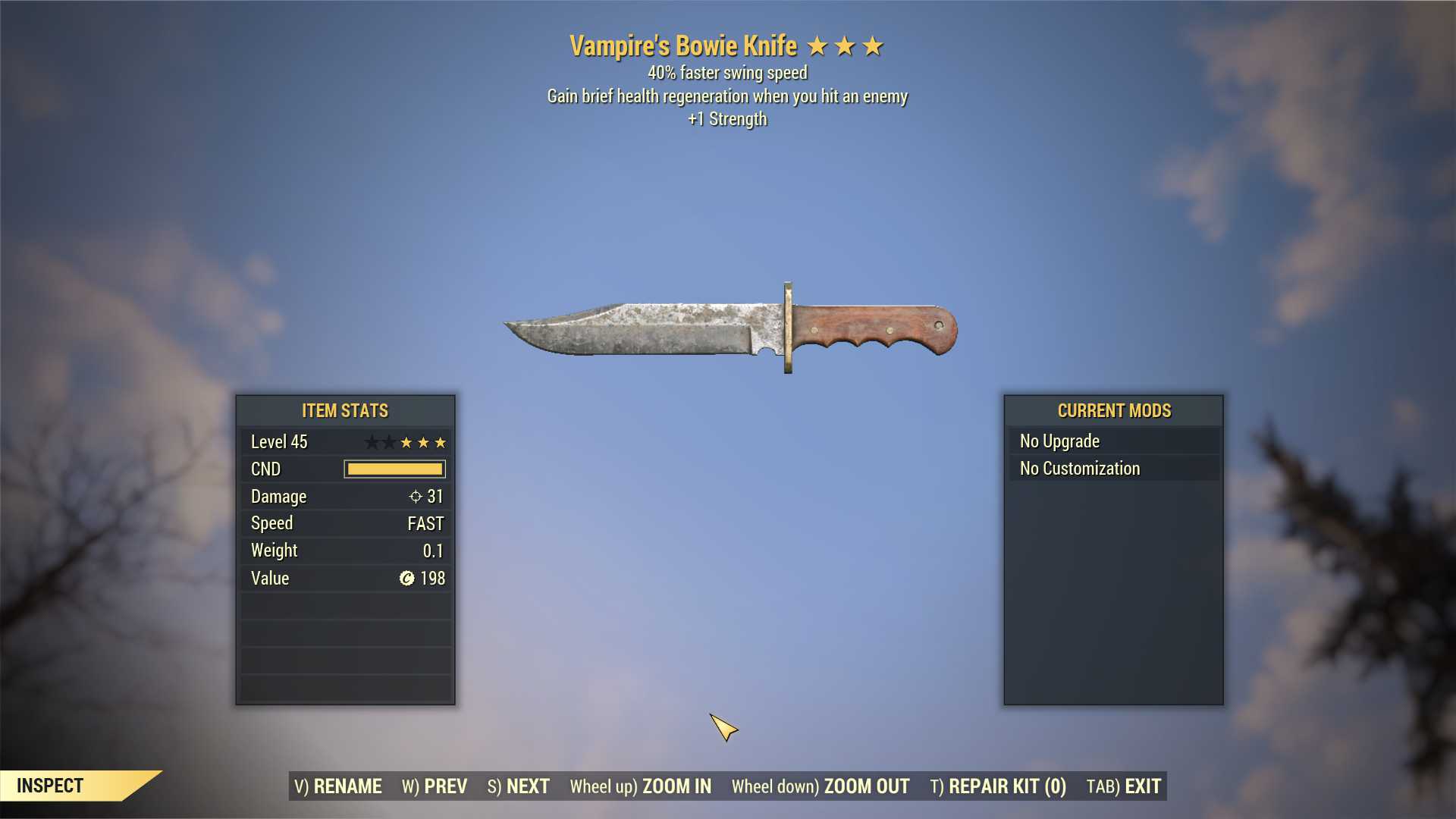 Vampire's Bowie Knife (40% Faster Swing Speed, +1 Strength)