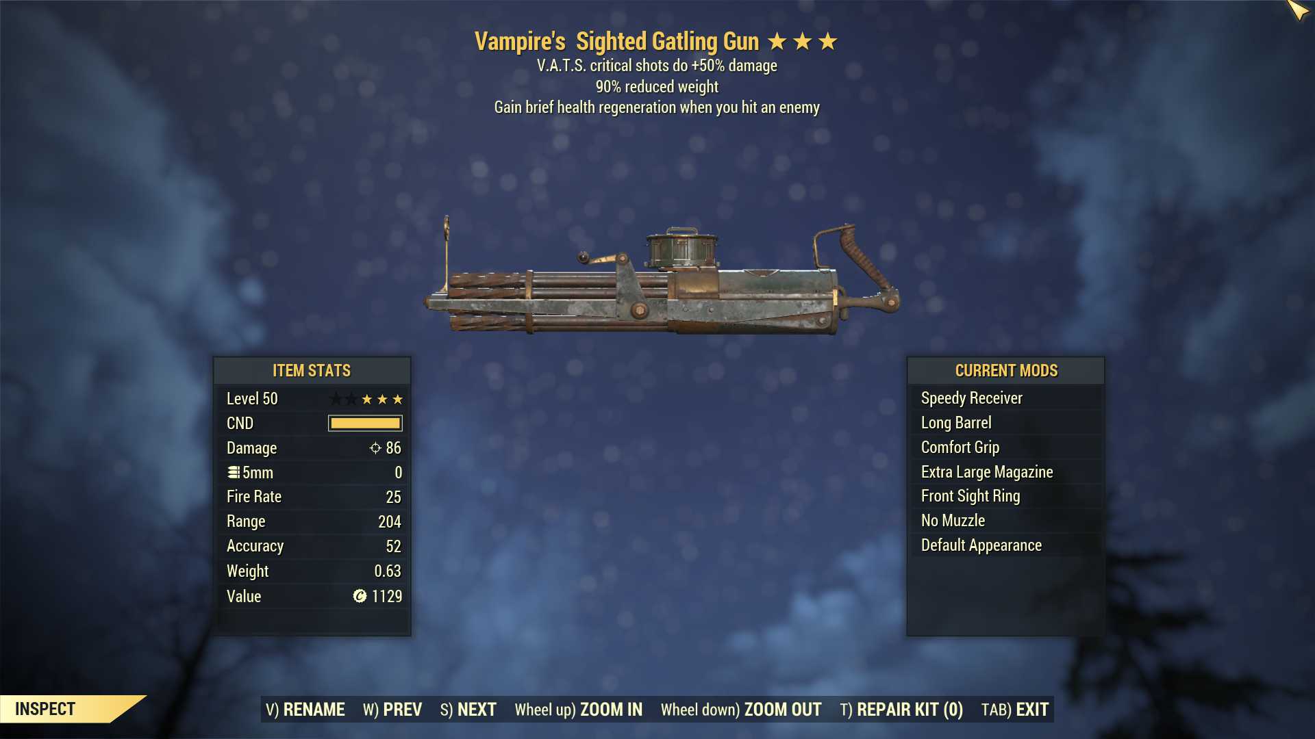 Vampire's Gatling Gun (+50% critical damage, 90% reduced weight)
