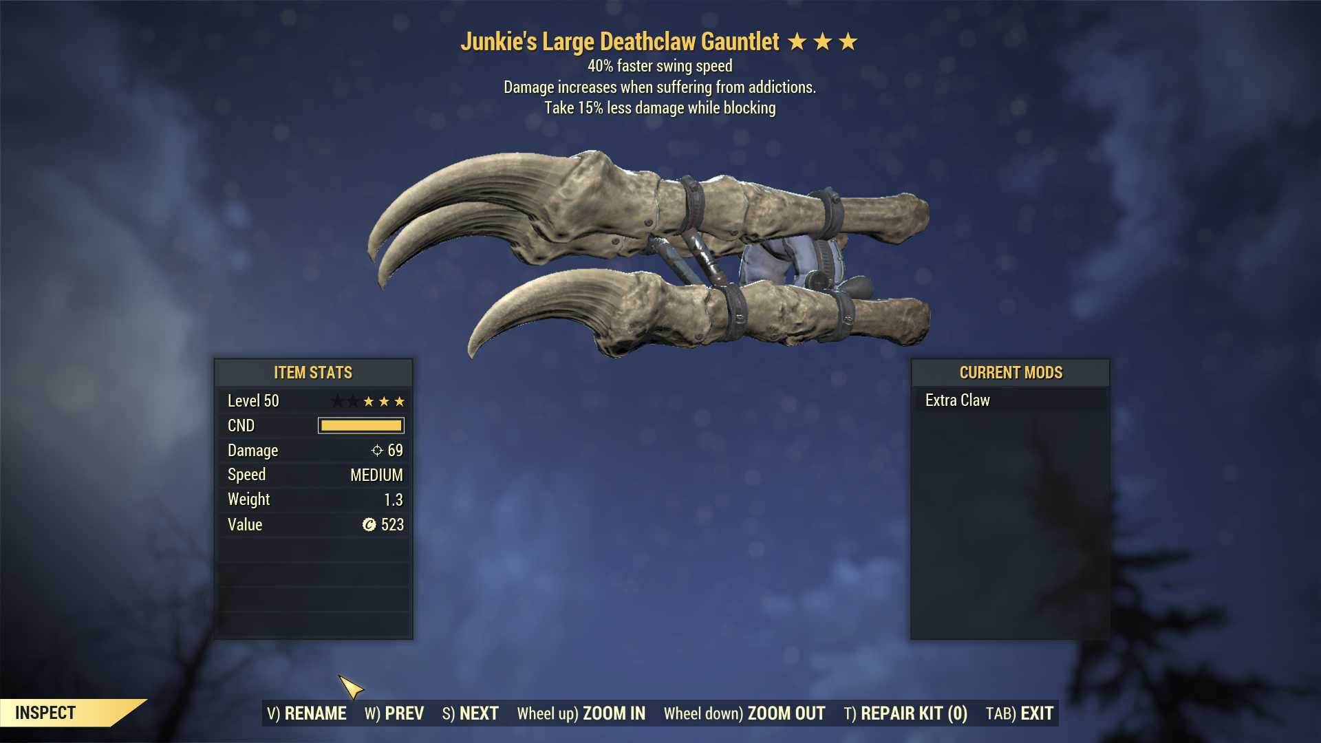 Junkie's Deathclaw Gauntlet (40% Faster Swing Speed, Take 15% less damage WB)