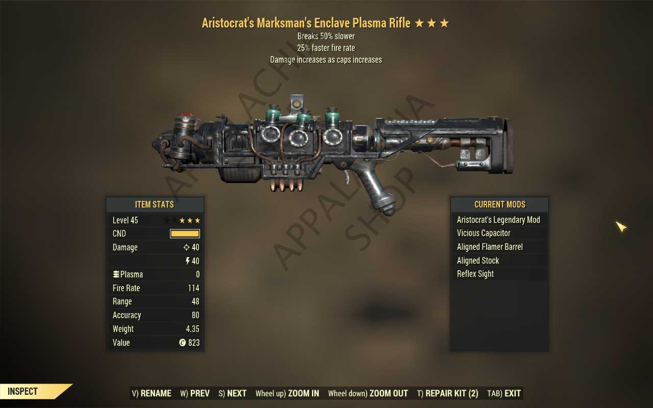 Aristocrat's Enclave Plasma rifle (25% faster fire rate, Breaks 50% slower)