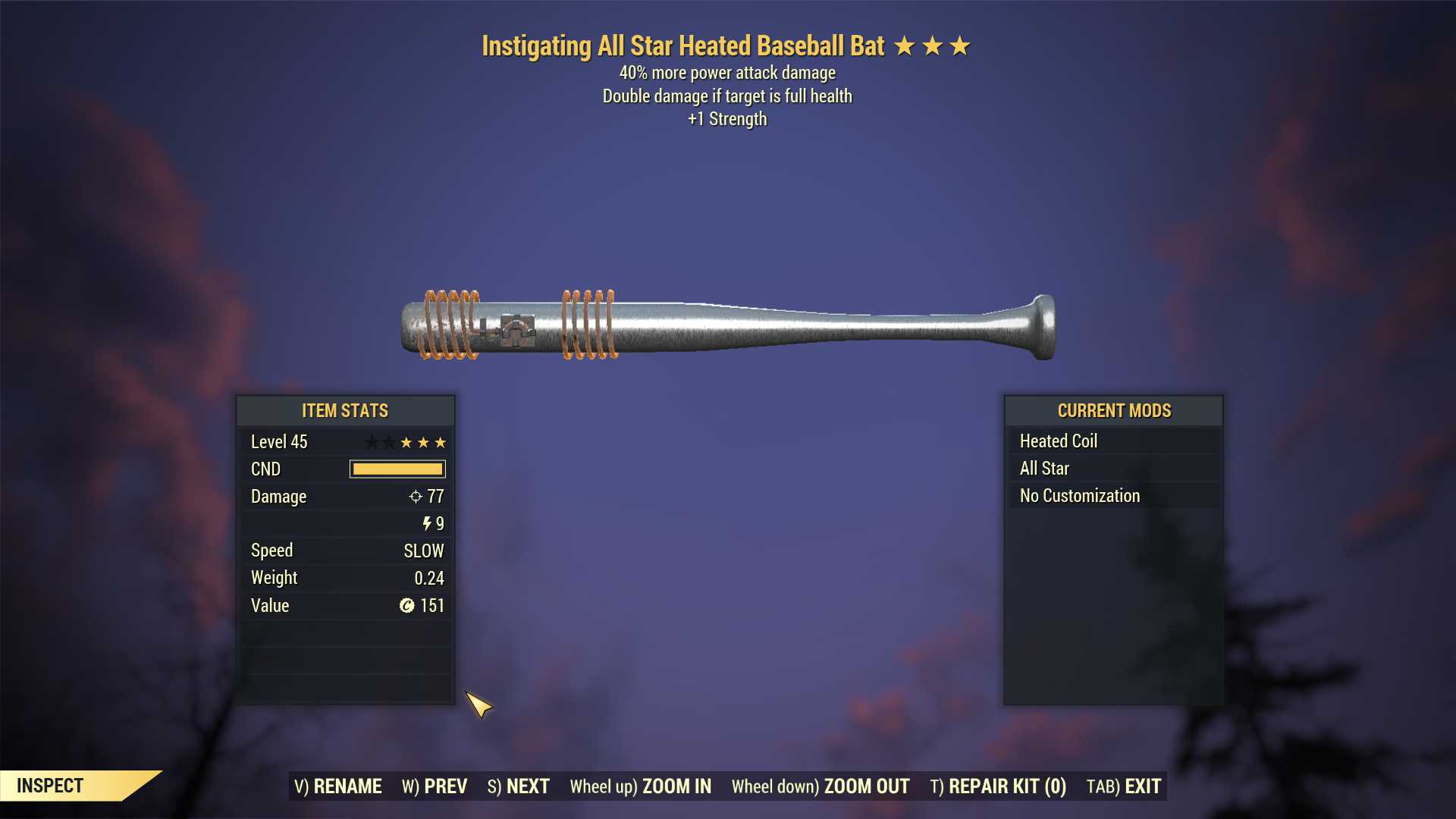 Instigating Baseball Bat (+40% damage PA, +1 Strength)