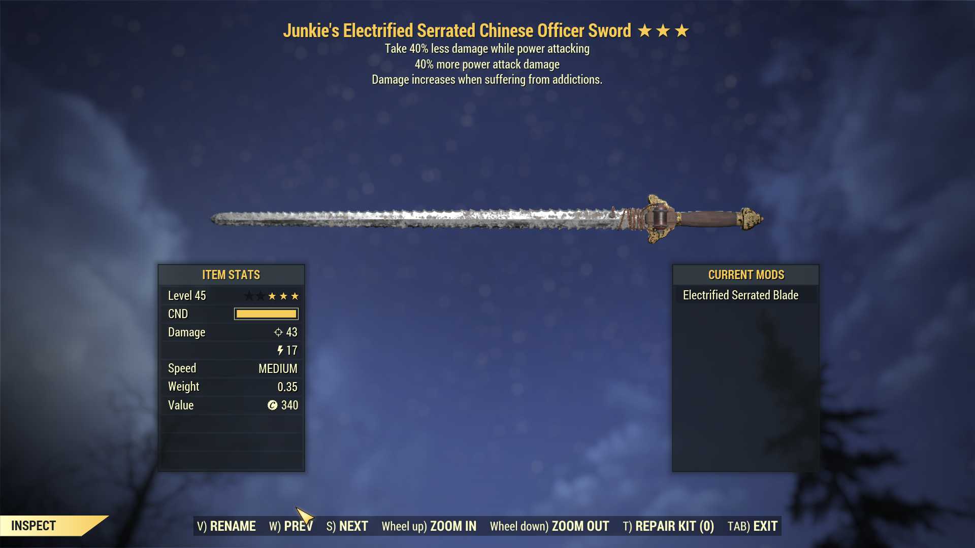 Junkie's Chinese Officer Sword (+40% damage PA, 40% resist while PA)