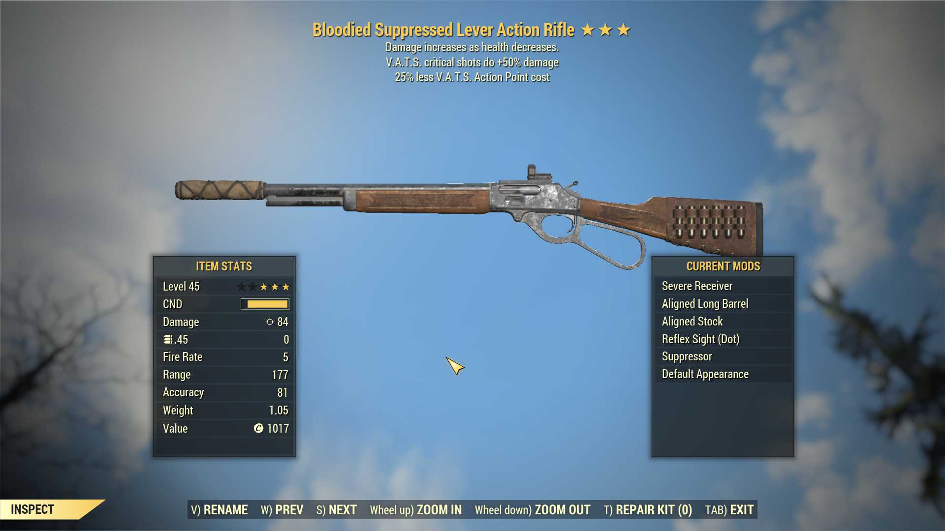 Bloodied Lever Action Rifle (+50% critical damage, 25% less VATS AP cost)
