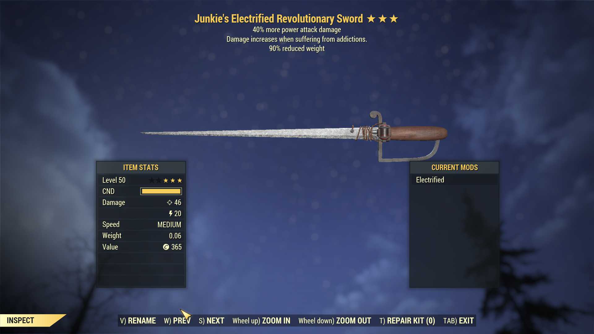 Junkie's Revolutionary Sword (+40% damage PA, 90% reduced weight)