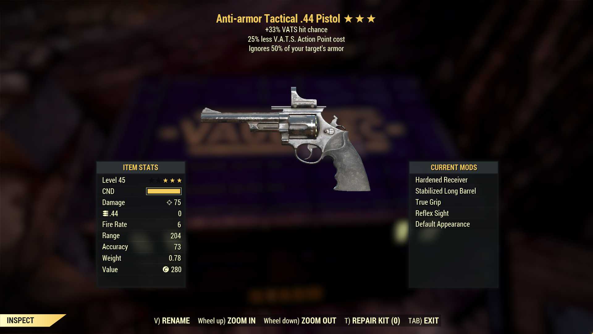 Anti-Armor .44 pistol (+50% VATS hit chance, 25% less VATS AP cost)