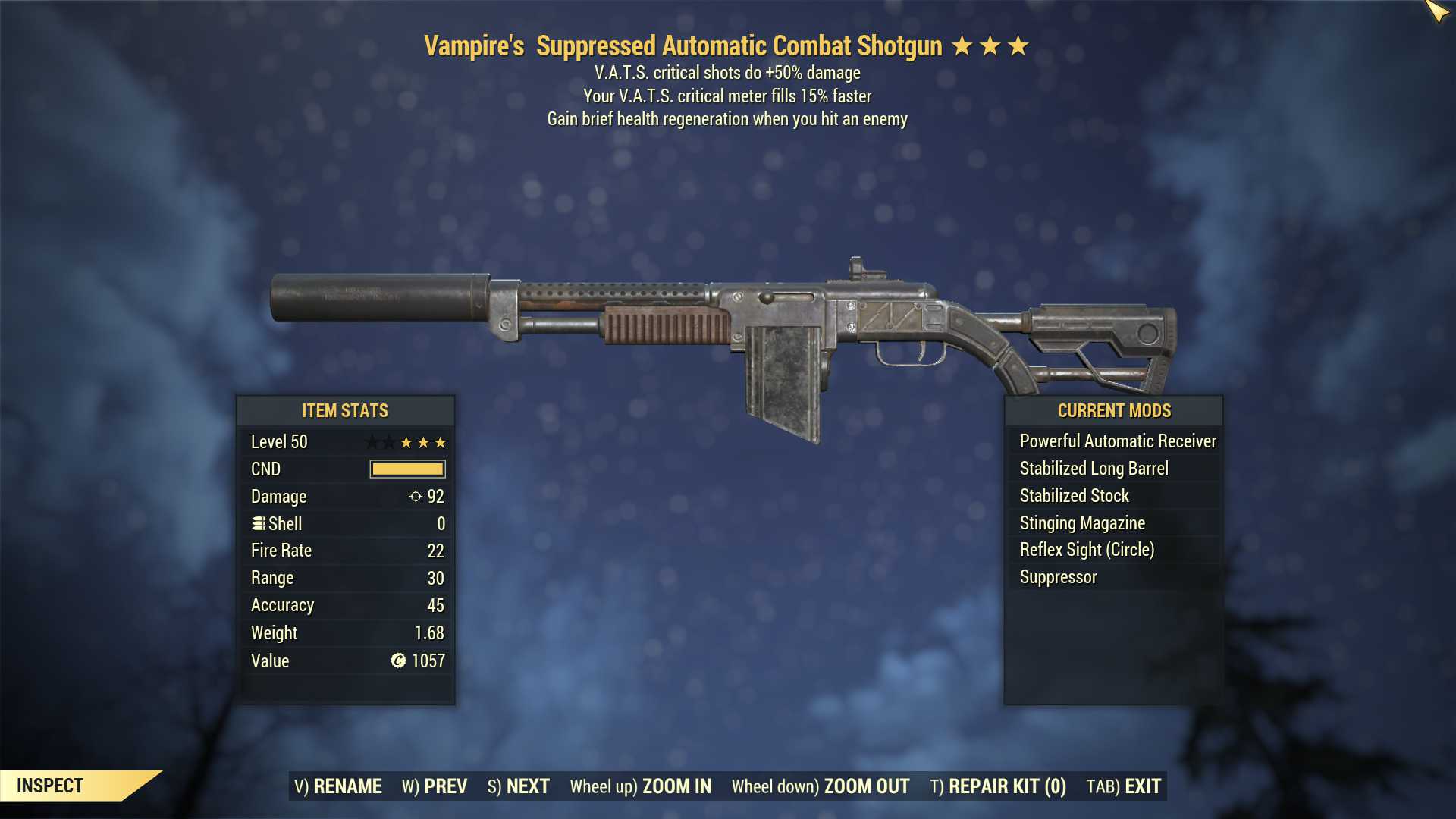 Vampire's Combat Shotgun (+50% critical damage, VATS crit fills 15% faster)