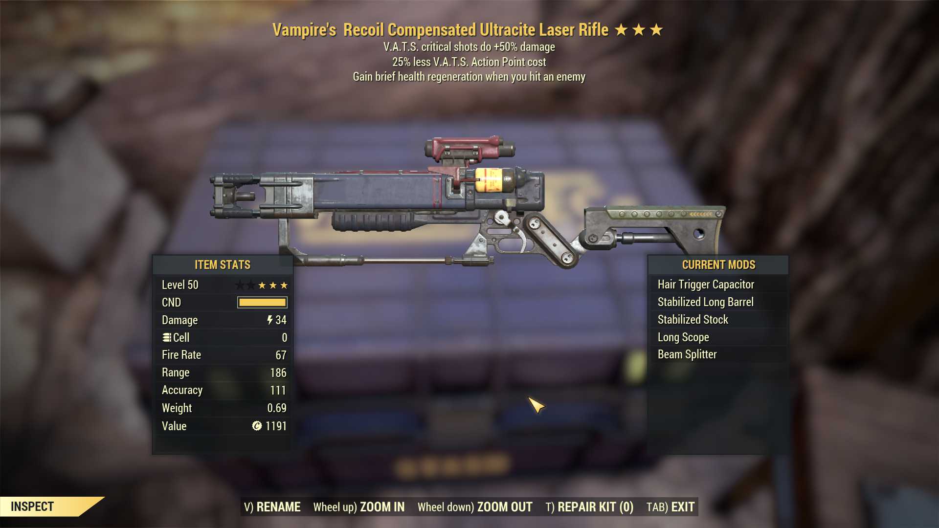 Vampire's Ultracite Laser rifle (+50% critical damage, 25% less VATS AP cost)