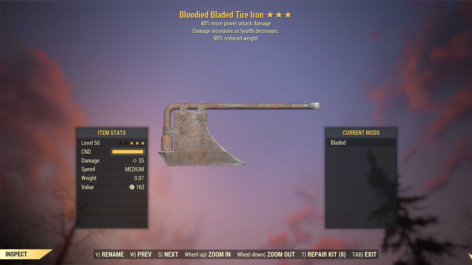 Bloodied Tire Iron (+40% damage PA, 90% reduced weight)